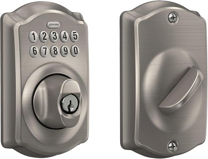 Schlage Camelot Electronic Keypad Deadbolt Lock, Keyless Front Door Entry, Mechanical Key Backup Included, Satin Nickel, BE365 V CAM 619