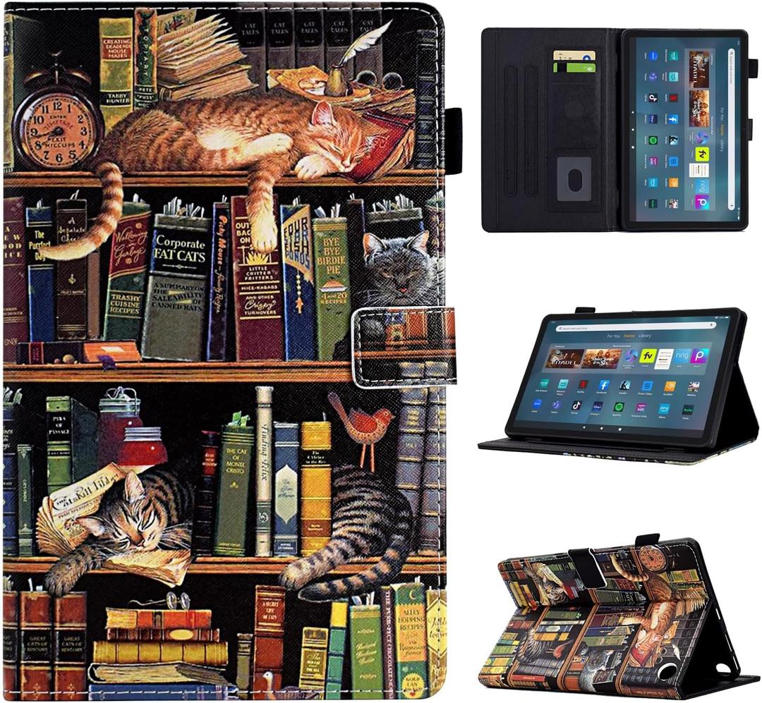 Cute Case for Kindle Fire Max 11(13th Generation, 2023 Release), Durability PU Leather Slim Folio Folding Stand Cover Case for Fire 11 Tablet with Pocket & Auto Wake/Sleep, Bookshelf Cat