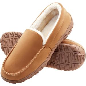 FLYFUPPY Mens Moccasin Slippers Memory Foam Slippers Warm Plush Fluffy Indoor/Outdoor House Shoes (10, Beige)