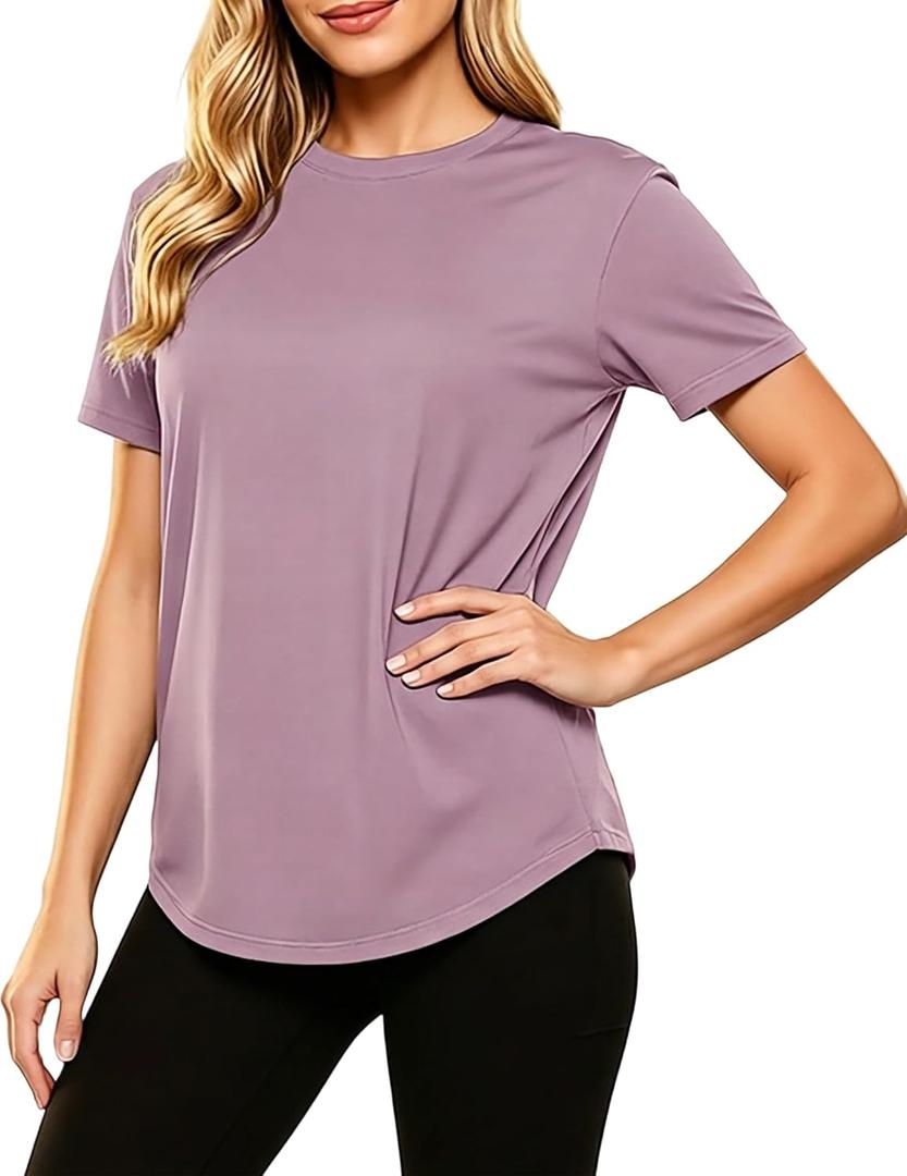 LETSEE Womens Workout Top Short Sleeve Athletic T-Shirt Lightweight Breathable Yoga Gym Tee Loose Fit Summer Activewear (Purple)