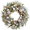 22 Inch Champagne Gold & Silver Seashell Wreath for Front Door, Coastal Summer Wreath with Natural Starfish, Abalone and Sand Dollars, Under The Sea Theme for Indoor Outdoor Decor