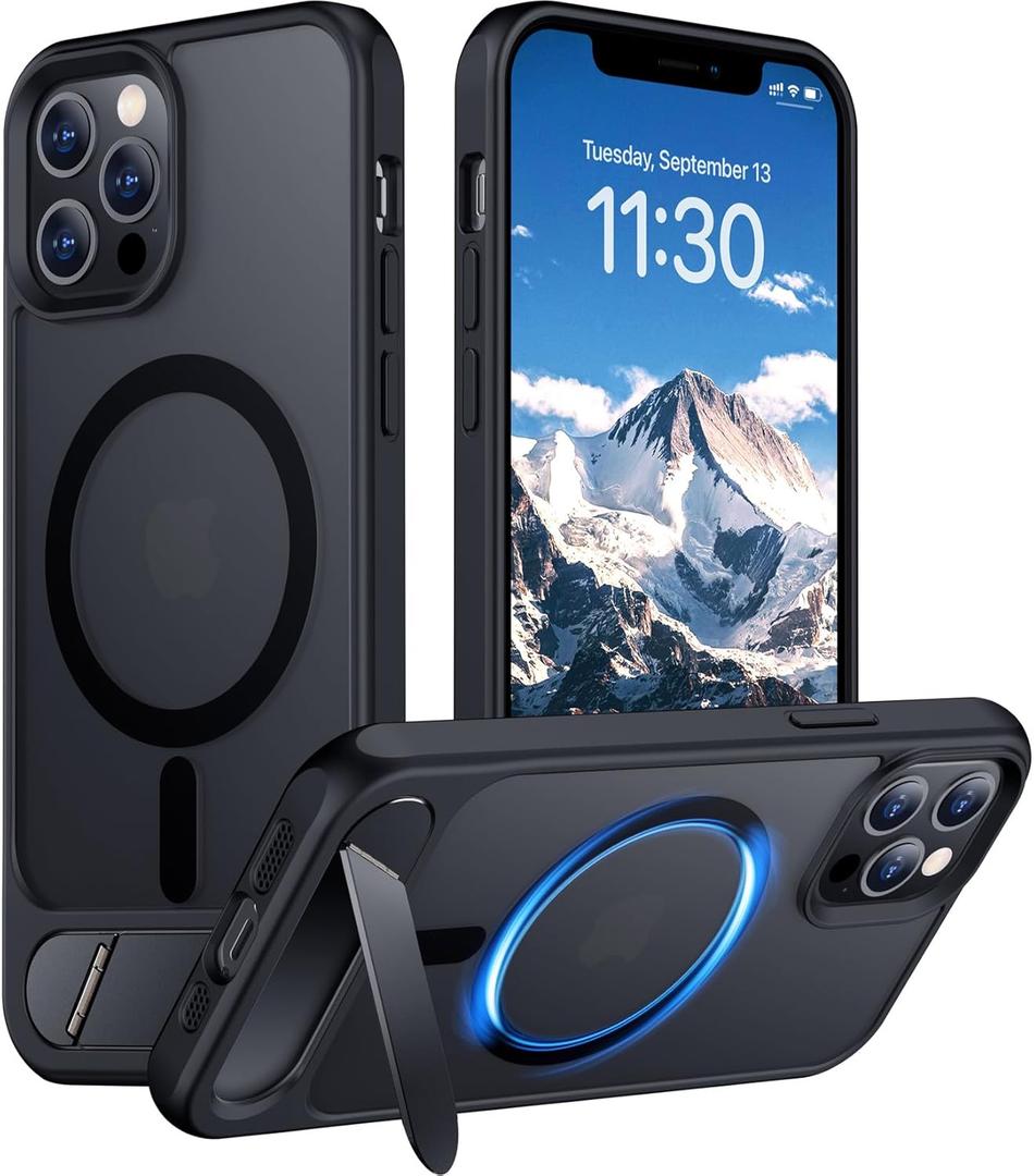 Temdan Magnetic Compatible with iPhone 12 Pro Max Case, [Built-in Invisible Kickstand][Compatible with MagSafe][Military Grade Shockproof] Slim Translucent Matte Phone Case for iPhone 12 Pro Max 6.7" (Black)