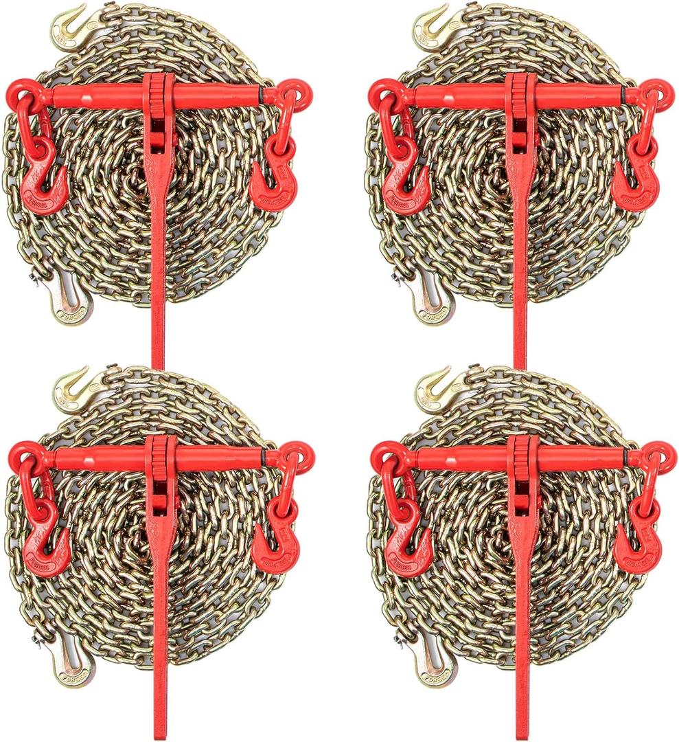 VEVOR Chain Load Binder, 5/16" Tie Down Kit w/ 7100LBS Working Load Capacity and Two Grab Hooks, Includes (4) Ratchet Binders - (4) 21' Grade 80 Chains, Transport Load Package for Hauling, Towing, **MISSING CHAINS