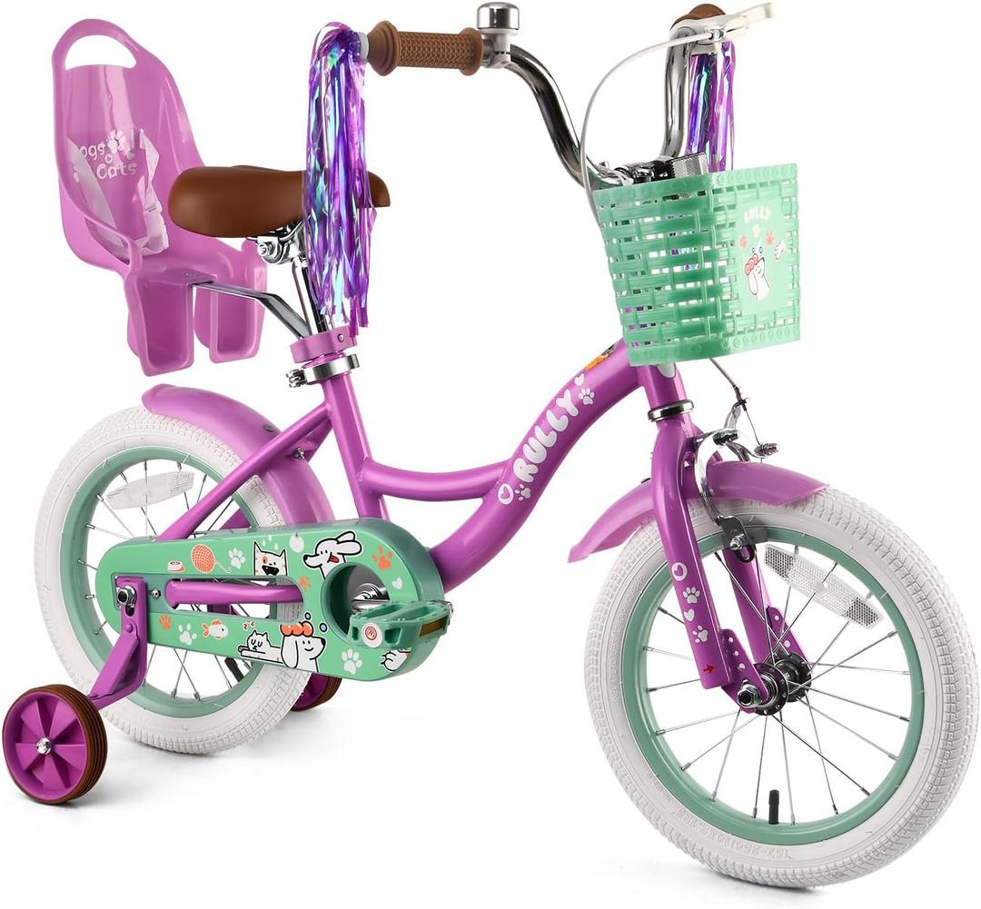 RULLY 12 14 16 Inch Girls Bike with Doll Seat Basket and Training Wheels for 2-6 Years Children