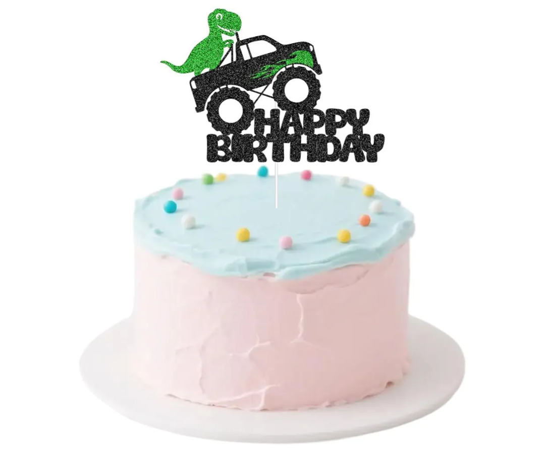 Dino Monster Truck Birthday Cake Topper - Black & Green Glitter Party Decor - Fun Dinosaur-Themed Celebration Topper for Kids - Sparkling Cake Decoration for Boys & Girls