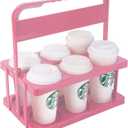Reusable Drink Carrier with Handle for Doordash, Grubhub, Portable Cup/Coffee Holder Accessories for Delivery, Foldable Drinks Caddy with Tray, Car Durable Plastic Festive Bottle, Vacation Container (Pink)