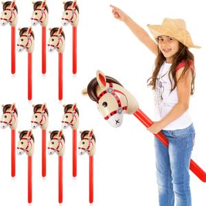 Chivao 12 Pieces Inflatable Stick Horse Cute Horse Head Stick Blow up Balloon Colorful Cowboy Cowgirl Party Decorations for Themed Birthday Party(Red) (37.4 Inches)