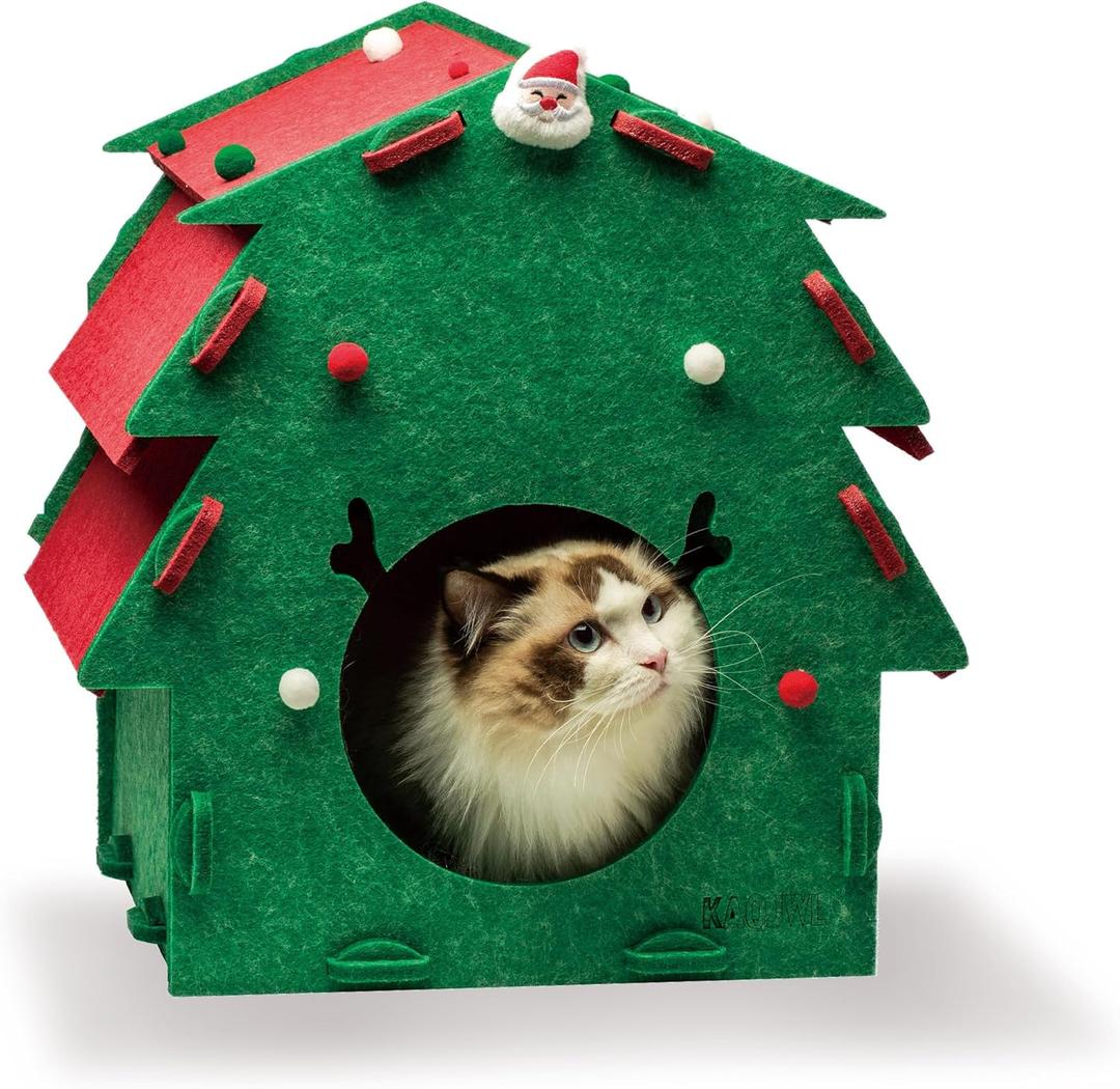 KAQJW Christmas Detachable Felt Cat Bed Condo Shelter House for Indoor Use - Easy to Assemble, Durable and Warm Funnest - Cozy Shelter with Built-in Scratching Board and Bonus Cat Toys