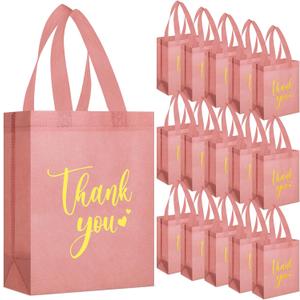 Sweetude 30 Pcs Thank You Gift Bags with Handles Bulk Reusable Goodie Bag Non Woven Foldable Handbag for Christmas Wedding Bridesmaid Gifts(10 x 8 x 4 Inch,Leather Pink)