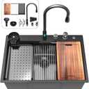 33inch Waterfall Kitchen Sink Drop In Metal Black -Feibus 33x22x10 with Faucet Combo Double Step Workstation 16 Gauge Multifunctional Stainless Steel Single Bowl