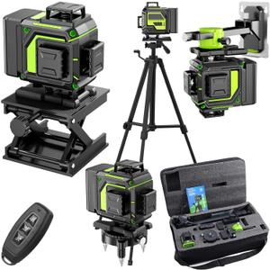 16 Line Laser Level 360 Self Leveling, 4x360Professional 4D Green Cross Line laser Level with 2 Batteries, Adjustable Brightness & Remote Control, for Tiling Floor Construction and Picture Hanging
