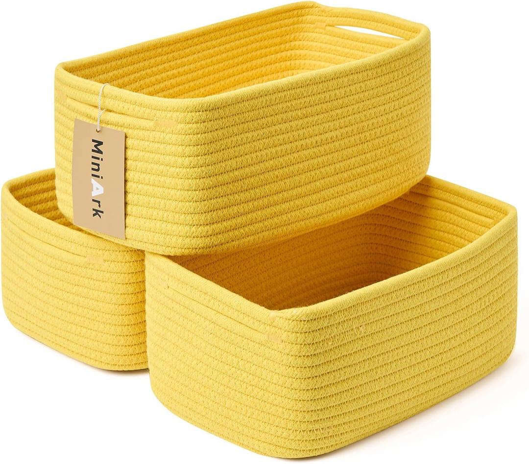 Small Storage Baskets for Organizing | Closet Organizer Bins | Shelf Toy Basket | Woven Rope Baskets | Cube Decorative Box | Shallow Basket | 13x8.5x5.1 | 3 Packs Yellow