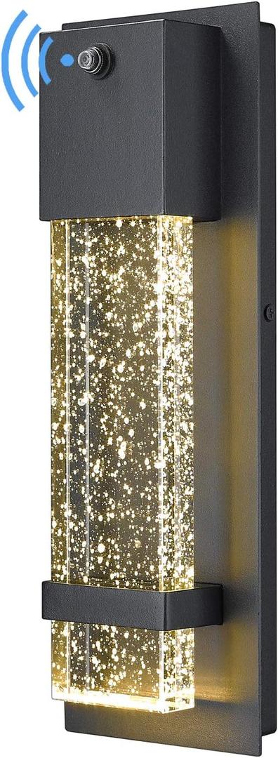 HWH INVESTMENT Dusk to Dawn Sensor Outdoor Wall Lamp, Modern LED Exterior Wall Sconce Lantern, Black Finish with Crystal Bubble Glass, 5HW9-B-P BK (1 Pack)