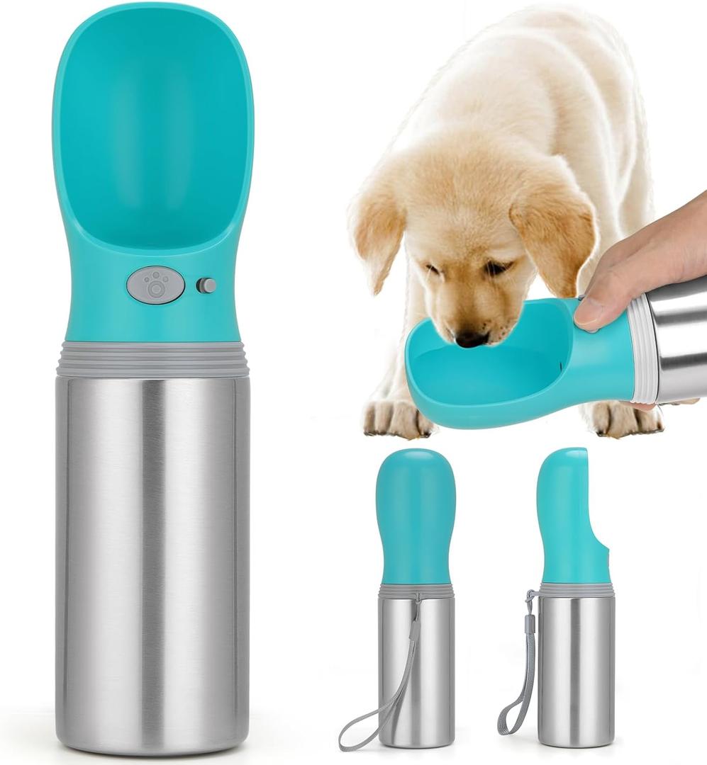 Portable Dog Water Bottle, 14 OZ, Stainless Steel Leak Proof Puppy Water Dispenser with Drinking Feeder for Pets Travel, Walking, Hiking and Outdoor Activities, Button switch