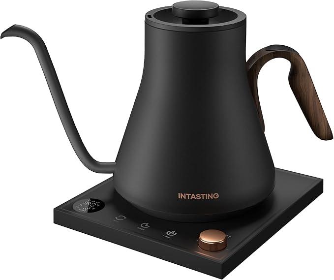 Electric Kettles, INTASTING Gooseneck Electric Kettle, ±1℉ Temperature Control, Wooden Accents, Stainless Steel Inner, Quick Heating, for Pour Over Coffee, Brew Tea, Boil Hot Water, 0.9L Black