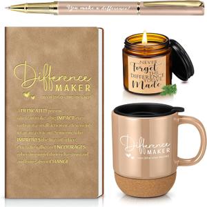 Vesici 4 Pcs Difference Maker Gift for Women Men Difference Maker Mug Notebook Candle Motivational Pen Employee Appreciation Gift for Volunteer Paraprofessional Coworker Secretary(Brown,Word)