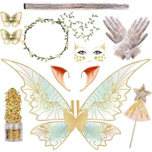 Fairy Wings Costume Set for Adult Women, Butterfly Hair Clips Elf Ears Garland Wand Gloves Glitter Halloween Party (Yellow)