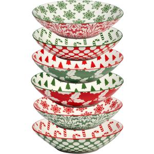 Winter Medley 40 oz Soup Bowls  Set of 6 Porcelain Holiday Bowls with Festive Assorted Designs  Large Christmas Serving Bowls for Soup, Pasta, Salads, and Entertaining