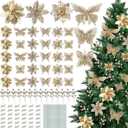 Thiccywoov 122 Pcs Christmas Glitter Poinsettia Artificial Flowers Berry Picks Butterfly Christmas Tree Ornaments 3 Styles Poinsettia kit with Clip for Xmas Wreath Home Tree Decor(Champagne)