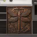 MLGB 3D Carved Dragonfly Magnetic Dishwasher Decorative Cover, Wood Grain Dragonfly Magnet Refrigerator Skin Cover, Wood Carved Pattern Dishwasher Panel Decal - 23" W x 26" H Magnetic