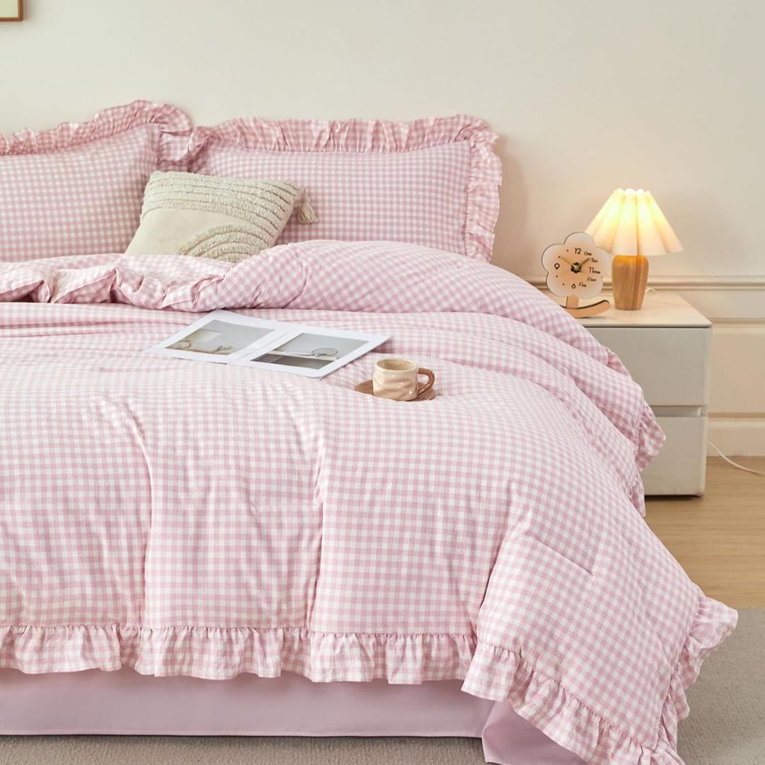 RYNGHIPY Gingham Bedding Set King Size Pink Grid Ruffled Comforter Sets 5 Pieces Soft Fluffy Checkered Bed in a Bag with 1 Comforter 1 Flat Sheet 1 Fitted Sheet 2 Pillowcases (Pink Gingham, King)