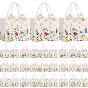Moinchore 30 Pcs Wildflower Butterfly Paper Gift Bags Bulk 5.5 x 4.7 x 2.5 in Mini Flower Plant Favor Bags with Handles Bow Ribbon Wrap for Floral Birthday Home Wedding Bachelorette Tea Party Supplies