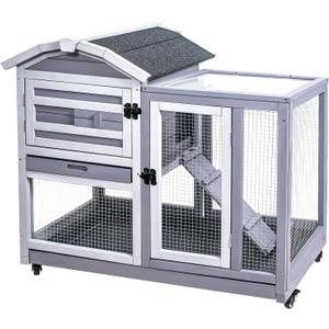 GEGURI Rabbit Hutch Indoor Rabbit Cage Outdoor, Wooden Bunny Cages for Guinea Pig with Wheels, Removable Tray, Ramp (37.5"L x 23.2"W x 36.6"H)