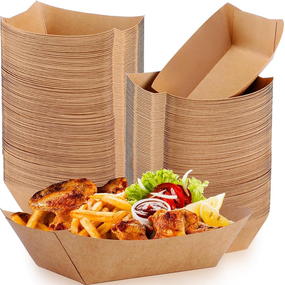 Zhehao 300 Pack Nacho Hot Dog Trays Disposable Kraft Paper Food Tray Food Serving Boat Paper Boat Brown Greaseproof for Camping Picnic Carnival Party, Holds Snack(2 lb)