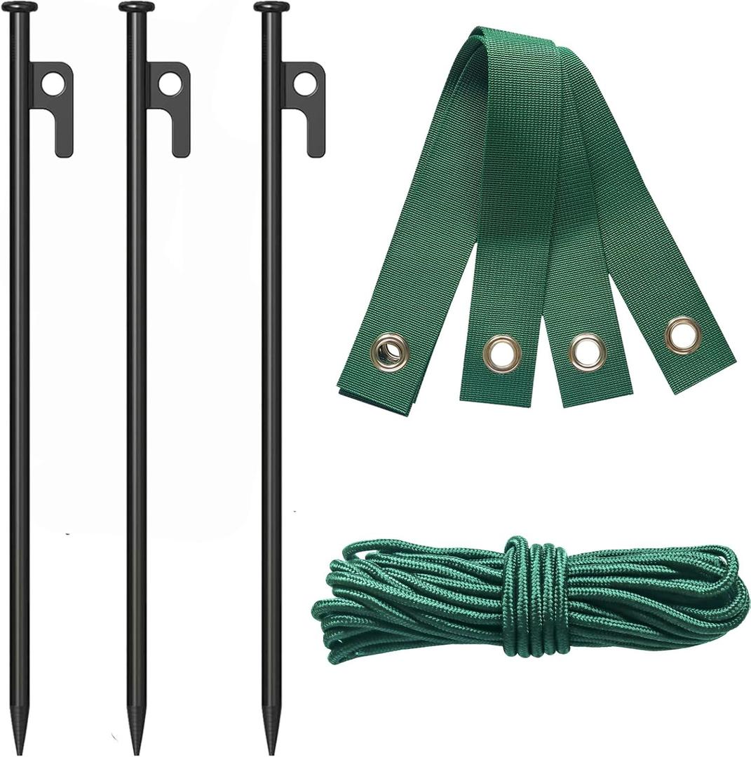3 Pcs Heavy Duty Steel Tree Stake Kit, Tree Supports for Leaning Tree Protection with 3 PCS 11.8" Steel Tree Stakes, 3 PCS 15.8" Tree Straps32.8 FT Rope