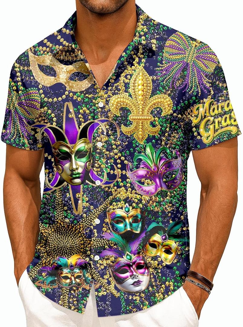 Purple Mardi Gras Short Sleeve Knit Casual Shirt for Men Mardi Gras Hawaiian Style Button Down Shirt for Man for Party Mens Mardigras Outfit (XXXL)