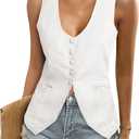 Tankaneo Womens Scoop Neck Blazer Vest Summer Linen Sleeveless Fitted Waistcoat Work Casual Cotton Suit Tops (White, M)
