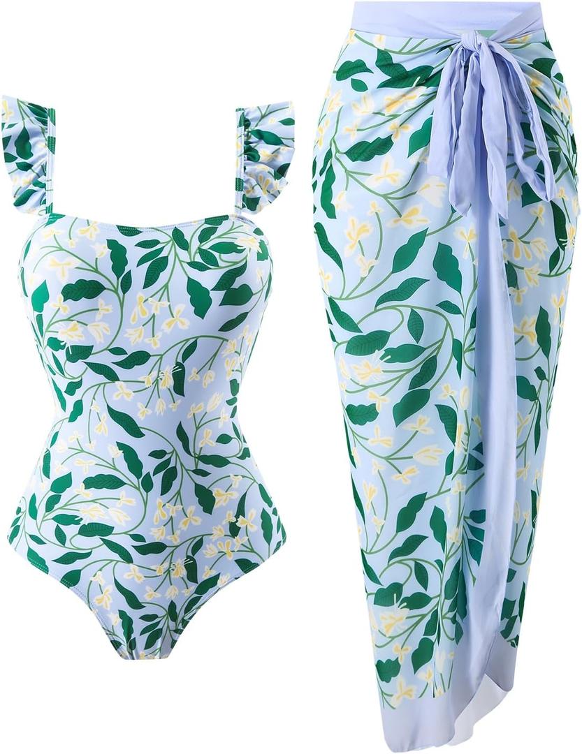 Womens One Piece Swimsuit with Cover Up Sarong Wrap Floral Bathing Suits 1 Piece Swim Suit with Beach Cover Up Set, X-Large