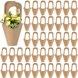 Tergy 50Packs Kraft Paper Flowers Gift Bags Brown Hanging Bouquet Wrapping Bags for Home Decoration (14Inches)