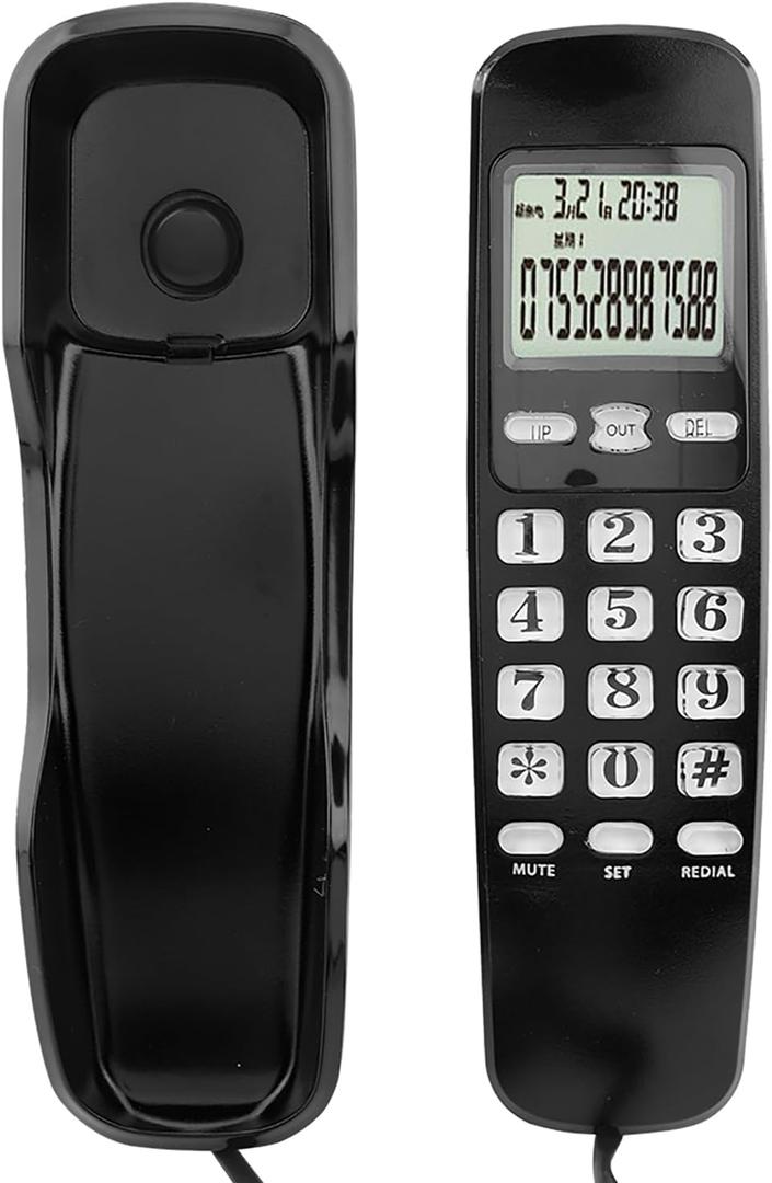 Mini Wall Mount Landline Telephone with LCD Display Caller ID for Home Office Hotel, Corded and Cordless, No AC Power Required Black (Black)