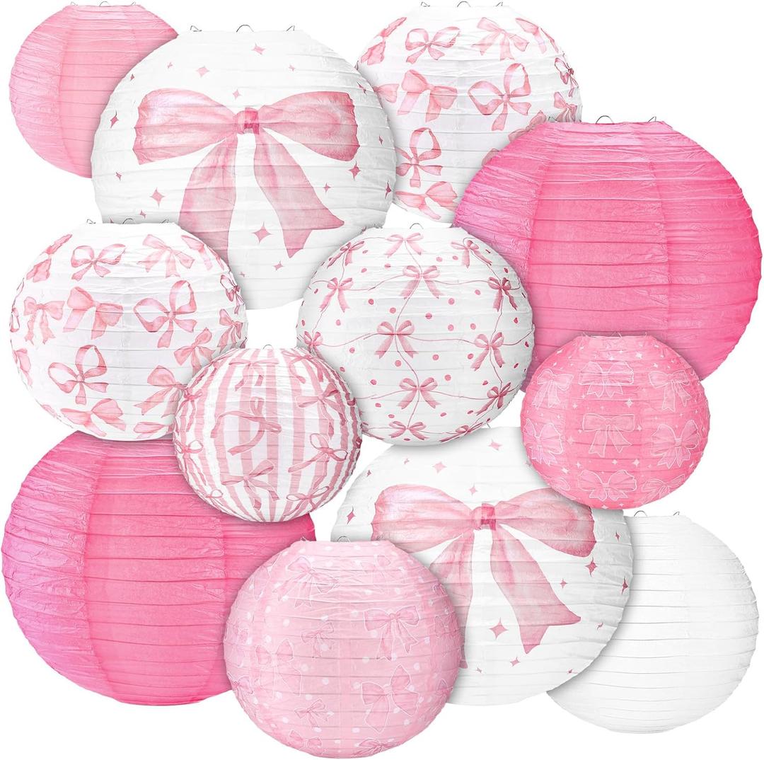 12 Pcs Pink Bow Party Decorations Coquette Birthday Decorations Pink Bow Paper Lanterns Hanging Decor for Weddings Bachelorette Bridal Shower Engagement Party Supplies