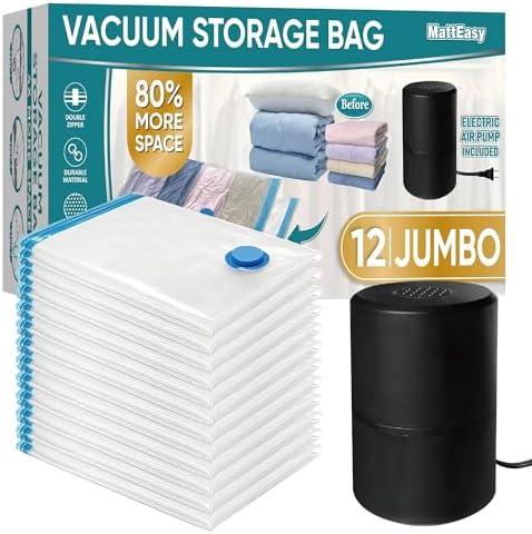 MattEasy Vacuum Storage Bags with Electric Air Pump, 8 Jumbo (39.4x27.5in), Space Saver Bags with Pump, Storage Vacuum Sealed Bags for Clothes, Comforters, Blankets, Bedding