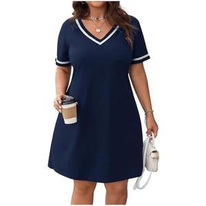 Verdusa Women's Plus Size A Line T Shirt Dress Short Sleeve V Neck Tunic Dresses Casual Outfits Size 2XL