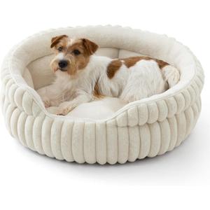 Bedsure ComfyFleece™ Medium Dog Bed, Washable Cute Pet Bed, Super Soft Corduroy Round Cat Bed with Anti-Slip Bottom, 26''x26''x9'', Cream