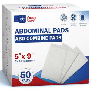 GauzeCare Sterile Abdominal- ABD Combine Pads| 50-Pack, 5 x 9 Inches| Extra Absorbent & Thick, Individually Wrapped Wound Dressing, First Aid Pads| Surgical-Grade, Nonstick- for Heavy Leakage, Post Op