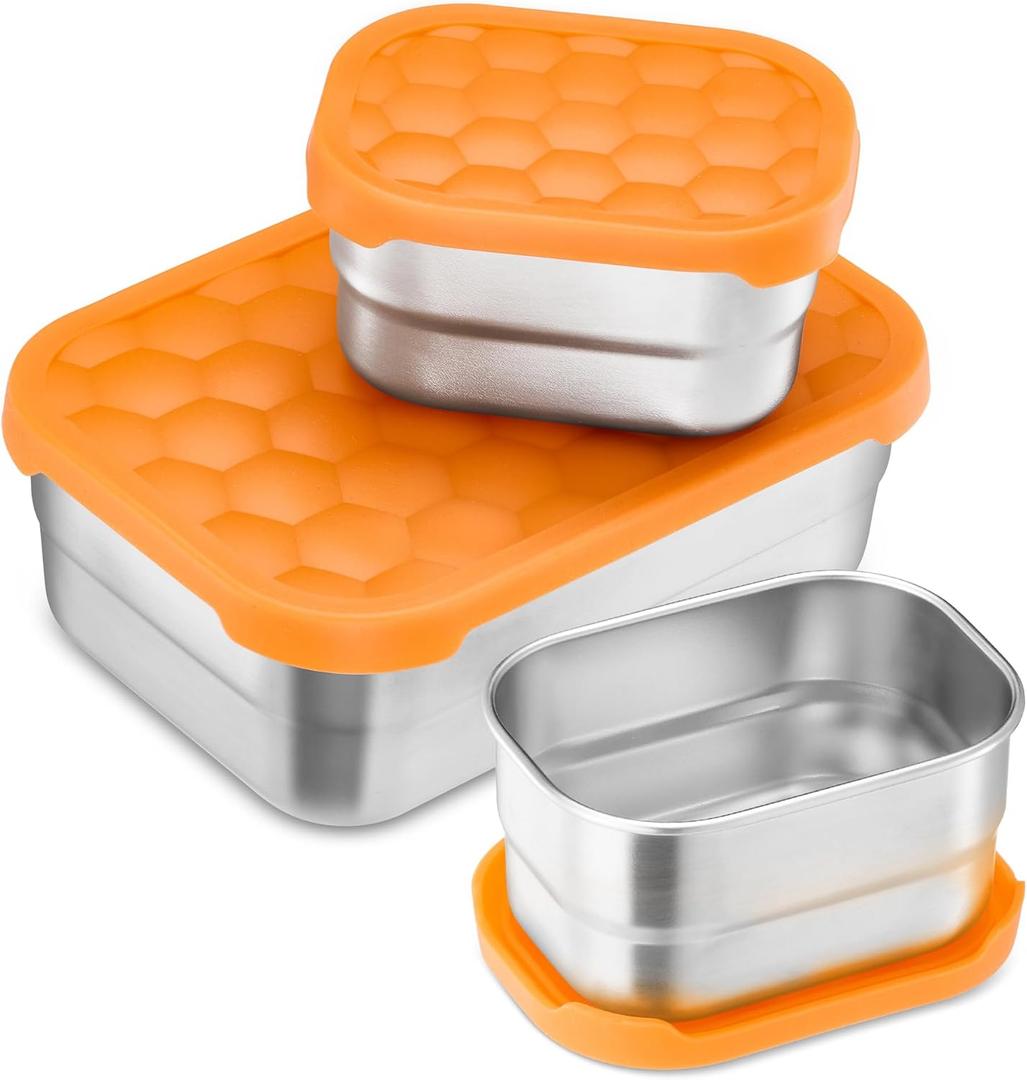 E-far Stainless Steel Lunch Containers for Kids, 3-Piece (8OZx2 & 25OZ) Bento Box Snack Food Container with Leak-proof Silicone Lid, Metal Storage for Toddlers Child School Picnic, Orange
