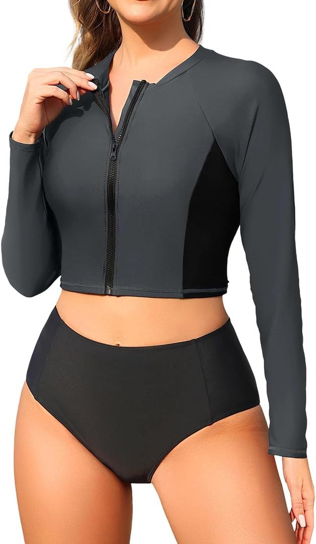 Pinup Fashion Long Sleeve Rash Guard - 2 Piece Swimsuit Bathing Suits with Bottom Swim Top UV UPF 50+ (Medium, Grey Black)
