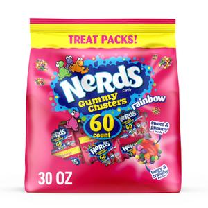 NERDS Gummy Clusters, Candy Treat Packs, Rainbow, Crunchy and Gummy, 30 oz (60 ct) (EXP 09/28/26)