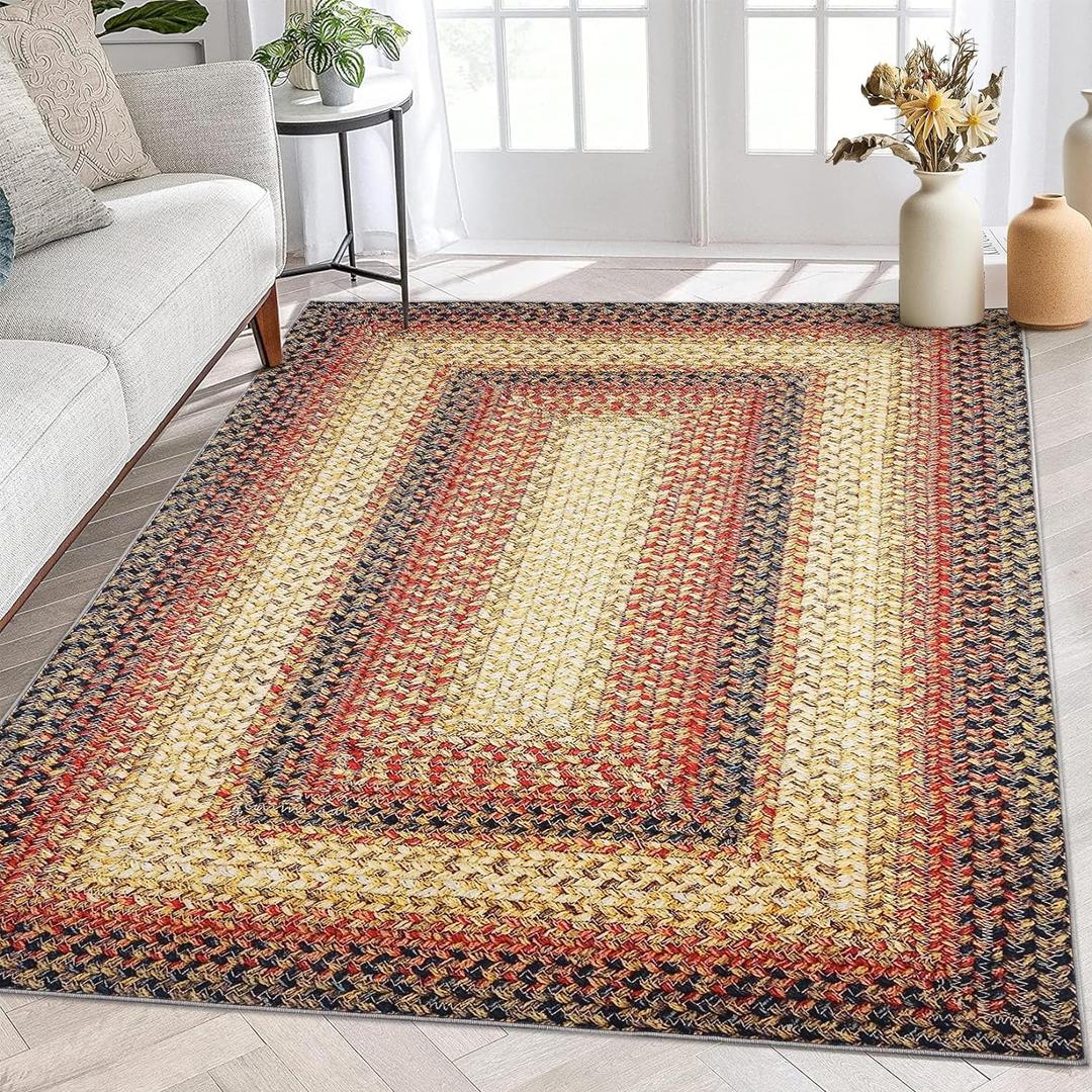 ROYHOME 5x7 Bedroom Rug Braided Print Boho Rugs Machine Washable Area Rug Modern Floor Cover Geometric Rustic Accent Throw Carpet for Living Room Office Nursery Kitchen, Red