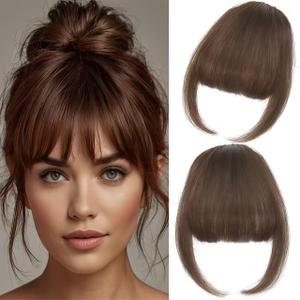 Clip in Bangs, 100% Real Human Hair Wispy Fake Bangs Hair Clip for Women Brown Natural Curtain Fringe with Temples Hairpieces for Daily Wear(WispyBrown)