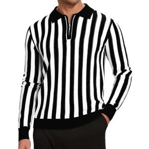 Alex Vando Mens Knit Polo Shirts Long Sleeve Sweater Casual Fashion Classic Button Down Polo Shirts (Medium, Black/White)