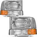 AUTOSAVER88 Headlight Assembly Compatible with 1999-2004 Ford F250 F350 F450 F550 Super Duty/2000-2004 Ford Excursion Chrome Housing Clear Lens w/Signal Lamps (Chrome+Clear Lens)