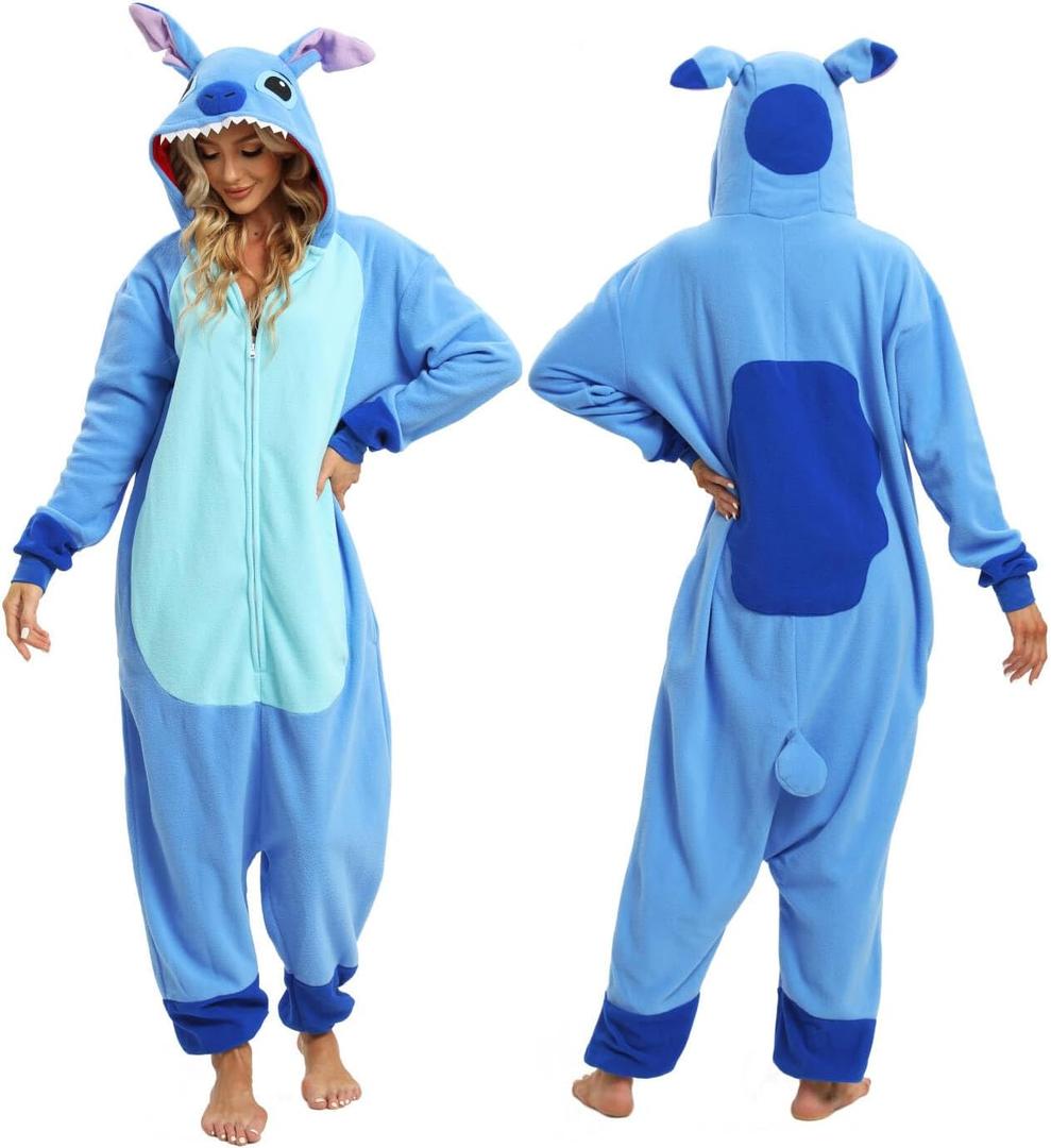 Wishliker Unisex Adult Onesie Pajamas Animal Onesies Women Men Christmas Halloween Cosplay Costume Sleepwear (Zipper Blue) X-Large