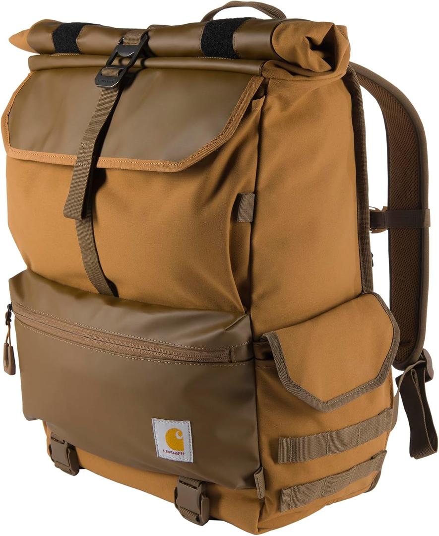 Carhartt 40L Nylon Roll Top Backpack, Heavy-Duty Water-Resistant Material W/ 17" Laptop Sleeve, Carhartt Brown (One Size)