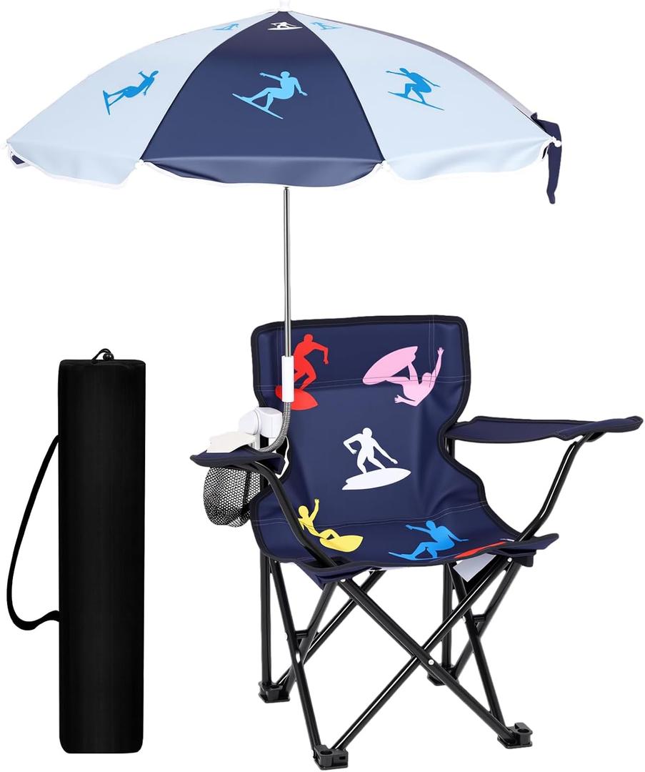 Outdoor Toddler Camping Chair with Umbrella Foldable Beach Chairs with Safety Lock for Kids Waterproof Lawn Kids Folding Chair for Outside Beach Travel(Surf)