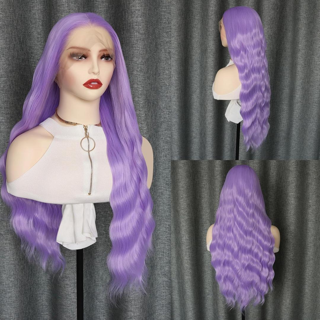 Long Wavy Light Purple Hair Synthetic Lace Front Wigs for Women Loose Wavy Free Part Glueless Lace Wigs Purple Heat Resistant Fiber Natural Hairline Water Wave Wig Cosplay Daily Party Wig